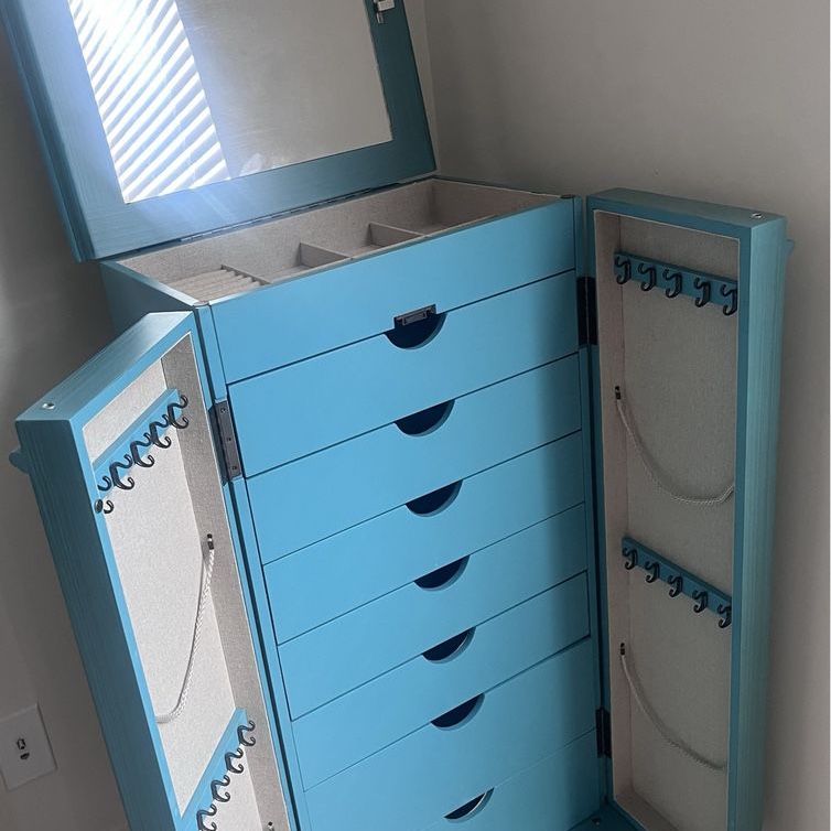 Hives and Honey Turquoise Blue Wooden Jewelry Armoire Cabinet with Double Doors
