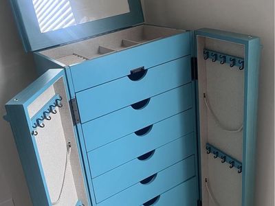 Hives and Honey Turquoise Blue Wooden Jewelry Armoire Cabinet with Double Doors