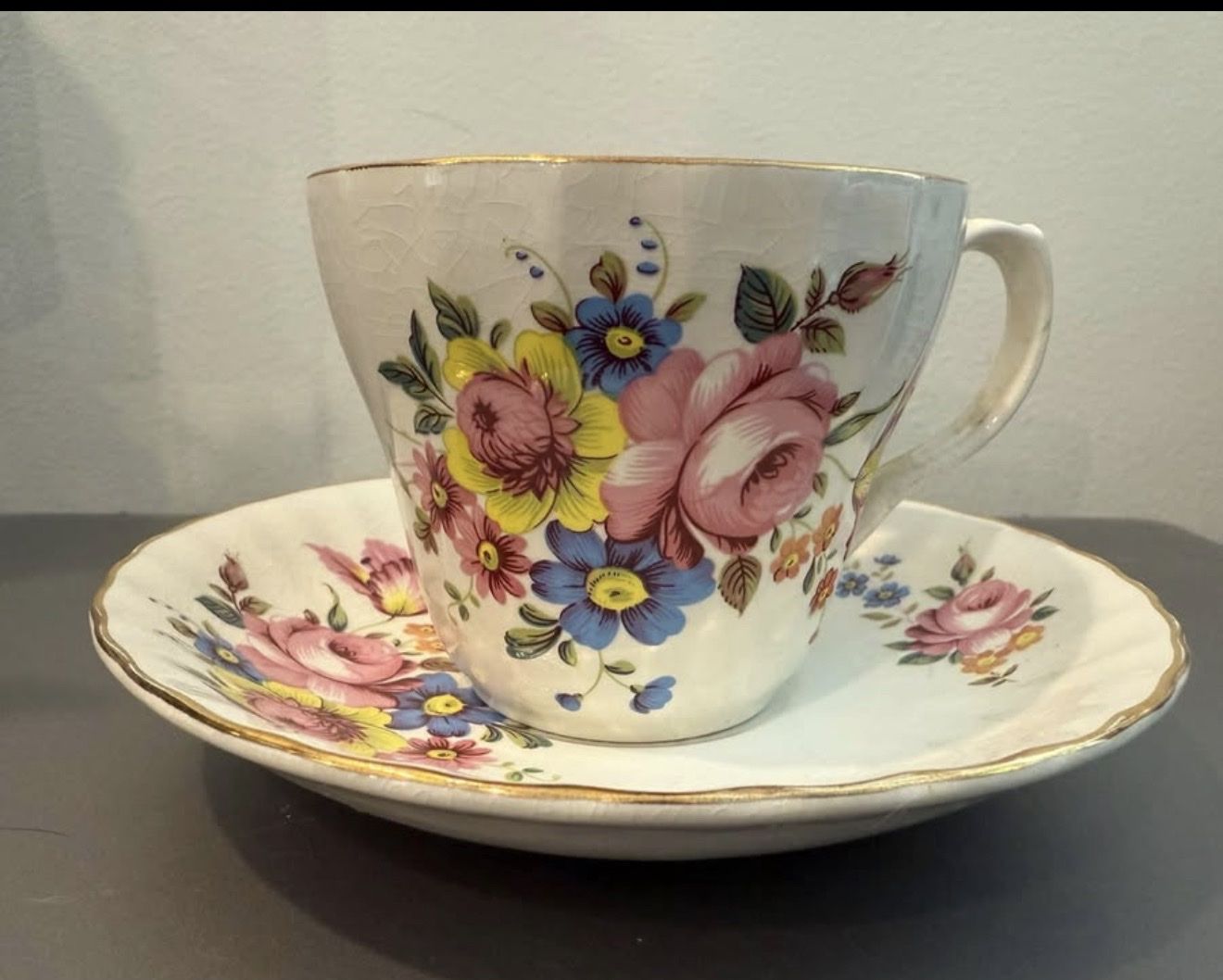 Vintage Floral Teacup and Saucer Set with Gold Rim