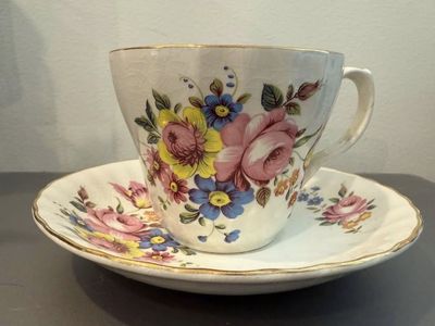 Vintage Floral Teacup and Saucer Set with Gold Rim