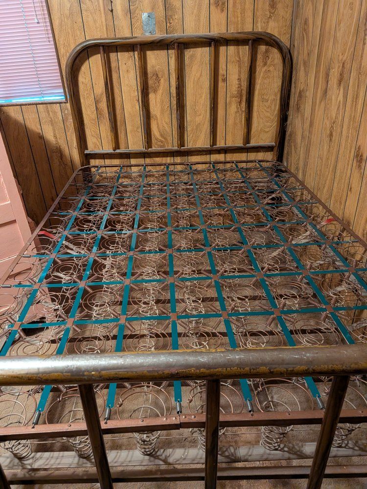 Vintage Metal Bed Frame with Coil Spring Base, Headboard, and Footboard