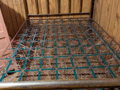 Vintage Metal Bed Frame with Coil Spring Base, Headboard, and Footboard