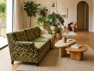 Vintage Mid Century Avocado Green Burnout Velvet Button Tufted 3-Seater Sofa Couch