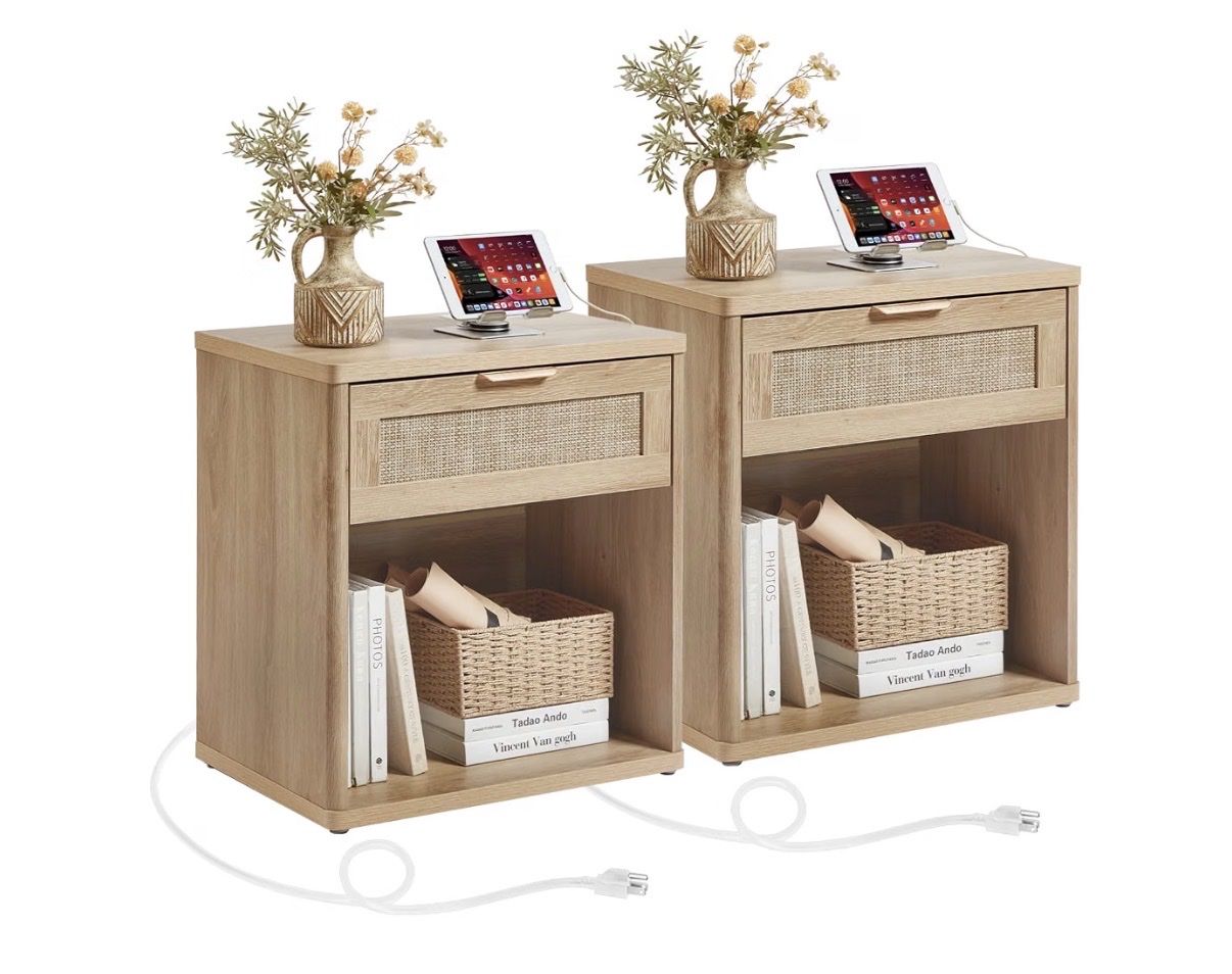 Wood Nightstands with Charging Ports - Set of 2