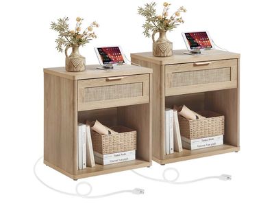 Wood Nightstands with Charging Ports - Set of 2
