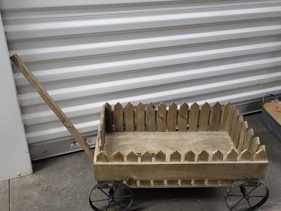 Rustic Decorative Wooden Wagon with Picket Fence Sides and Metal Wheels