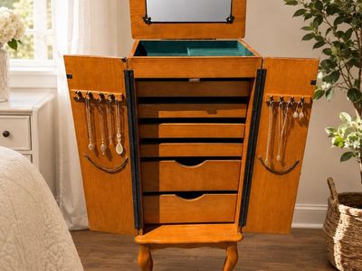 Vintage Powell Wood Jewelry Armoire Cabinet 6 Drawer Mirror Necklace Storage green velvet lined- great condition!!