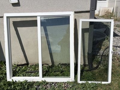 Used White Vinyl Slider Window & Fixed Pane and Basement Window Well - 3ft 11in x 3ft 11in (not sold separately)