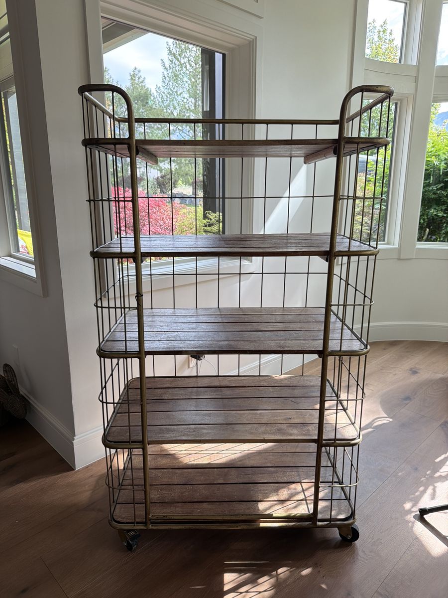 Industrial antique aged brass wood shelving rolling cart