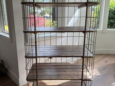 Industrial antique aged brass wood shelving rolling cart