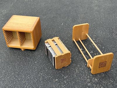 Vintage wooden Compact Disc, CD holders. Sony, Napa Valley display cases shelves audio media multimedia storage