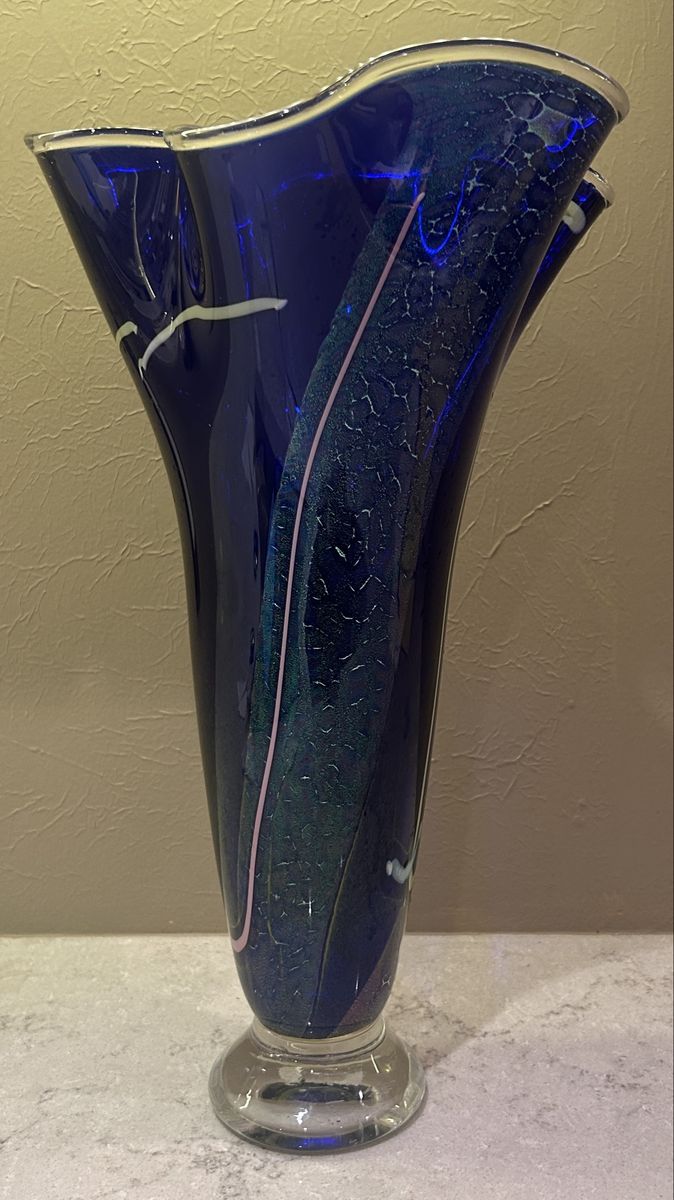 Art Glass Flared Ruffle Rim Vase - Blue with White/Pink Swirls - Heavy Clear Base