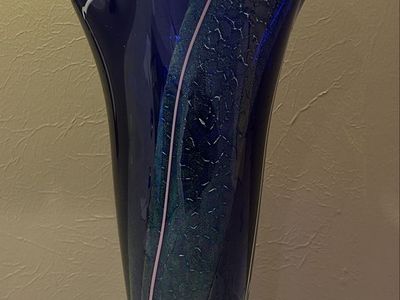 Art Glass Flared Ruffle Rim Vase - Blue with White/Pink Swirls - Heavy Clear Base
