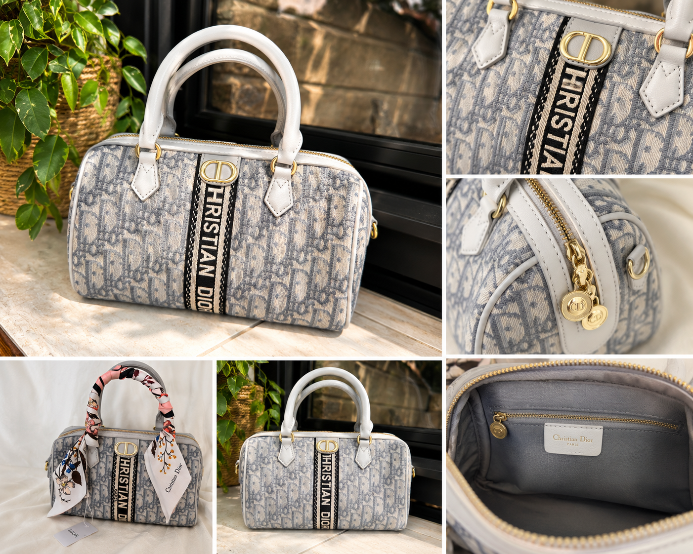 CD Grey Purse Speedy Type Bag New w/Scarf