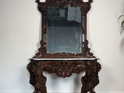 Hand-Carved Rococo Revival Marble Console & Mirror