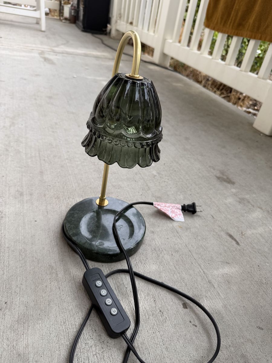 Vintage Style Electric Candle Warmer Lamp with Green Glass Shade and Marble Base