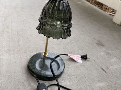Vintage Style Electric Candle Warmer Lamp with Green Glass Shade and Marble Base