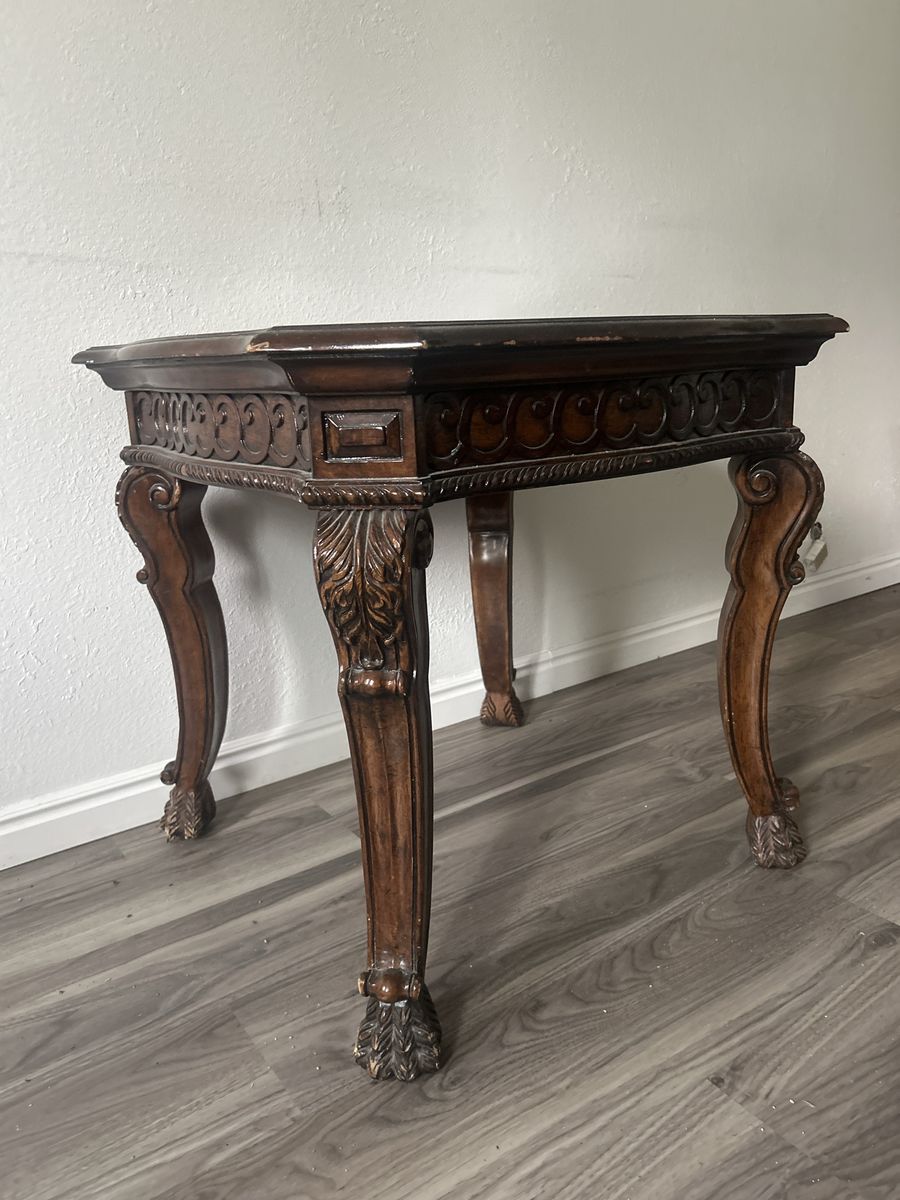 Ornate Carved Wood Side Table with Cabriole Legs