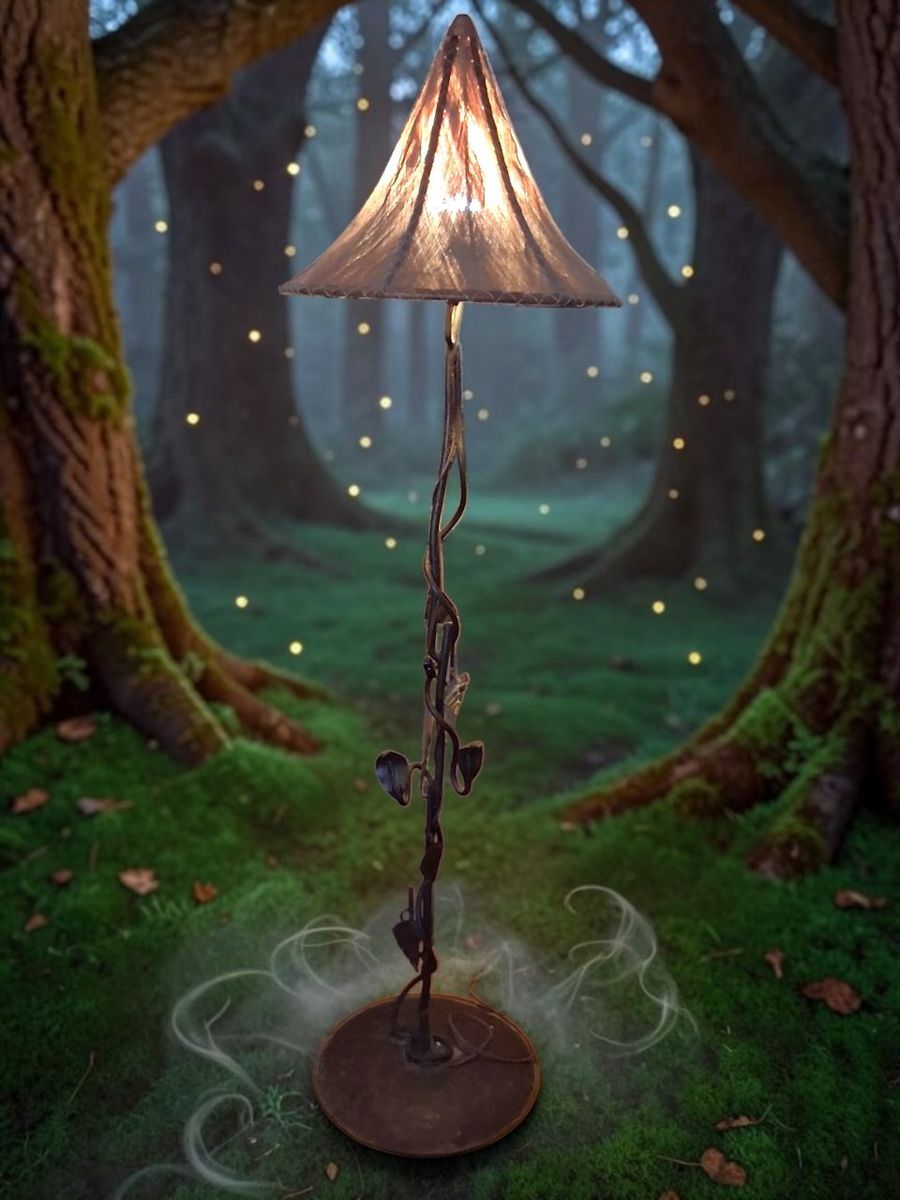 Vintage Enchanted Vine & Leaf Wrought Iron Lamp with Tulip Rawhide Shade