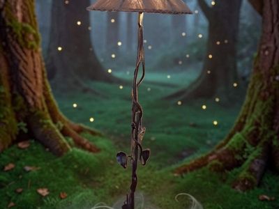 Vintage Enchanted Vine & Leaf Wrought Iron Lamp with Tulip Rawhide Shade