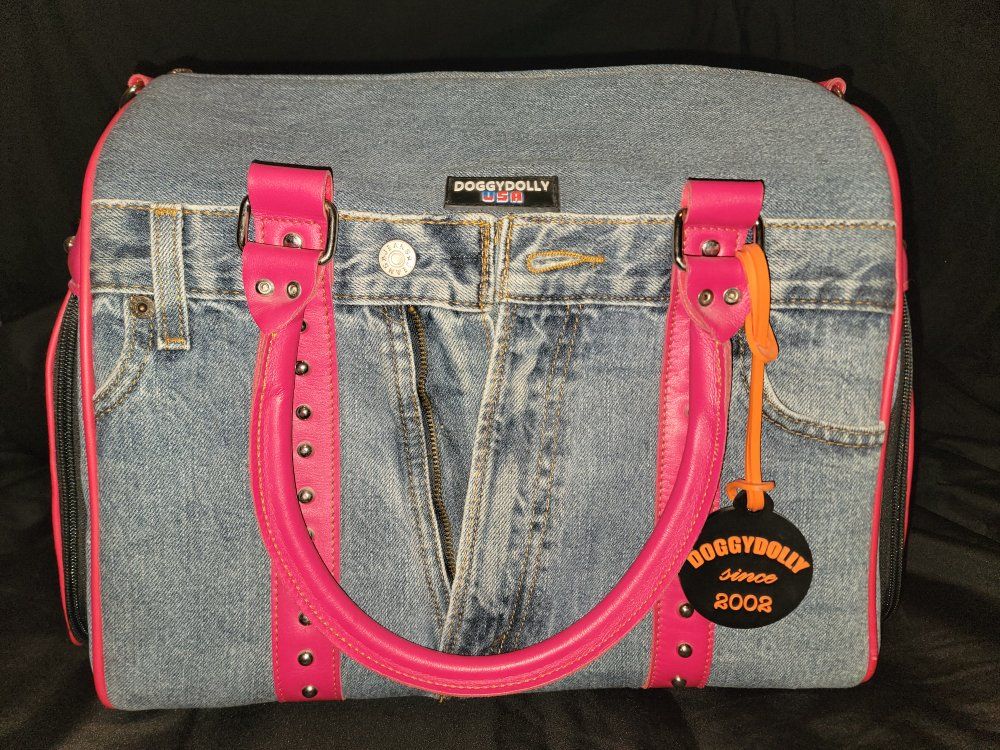 DoggyDolly USA Denim Pet Carrier Bag - Blue Denim with Pink Trim and Leopard Print Interior