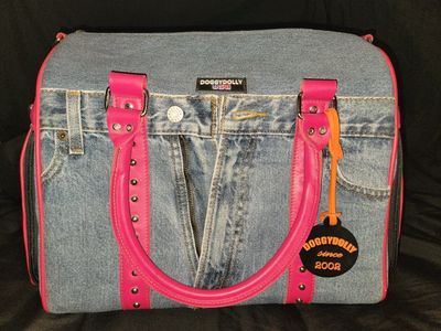 DoggyDolly USA Denim Pet Carrier Bag - Blue Denim with Pink Trim and Leopard Print Interior