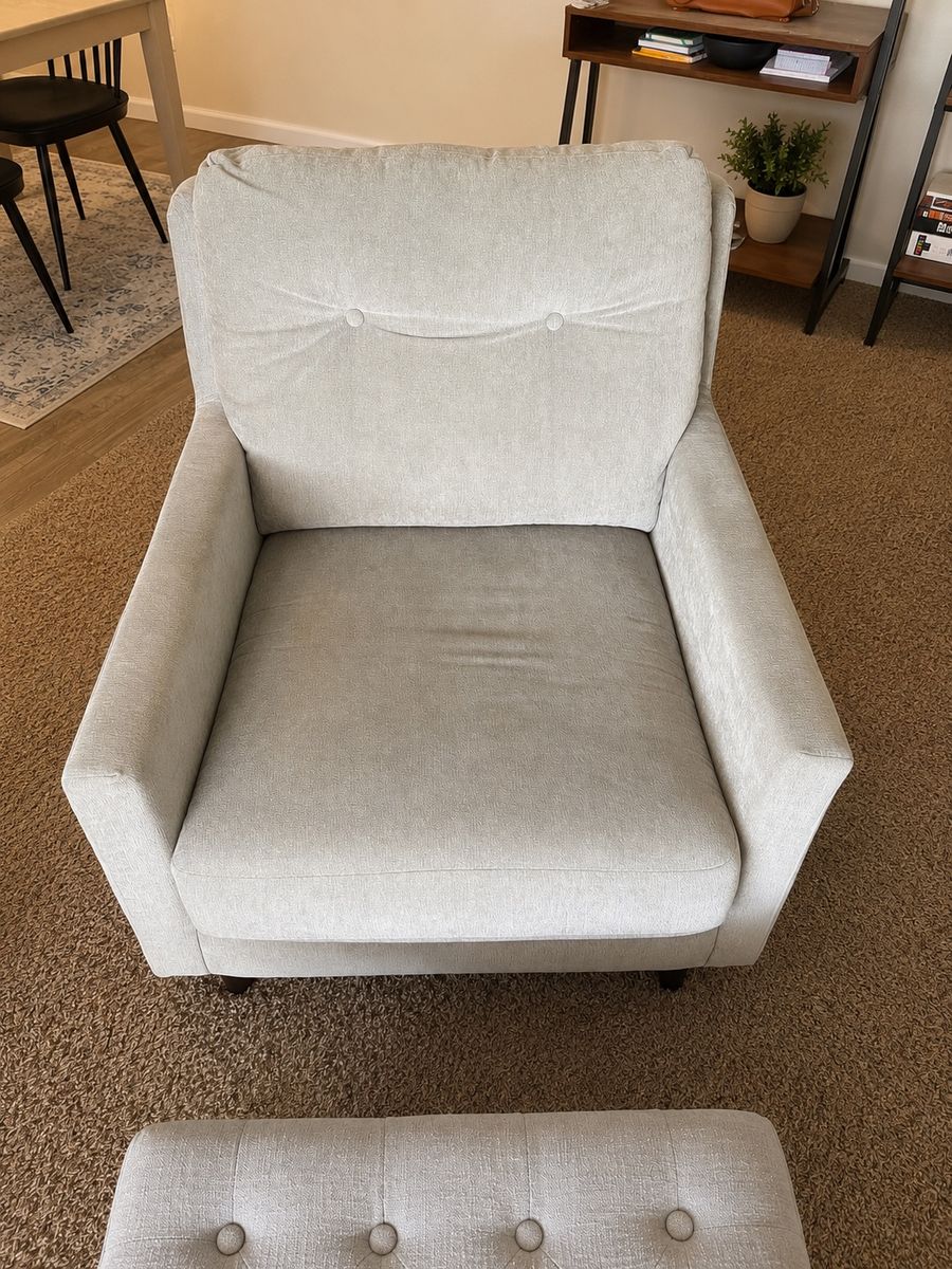 Upholstered Accent Chair with Tufted Back and Ottoman - Light Gray