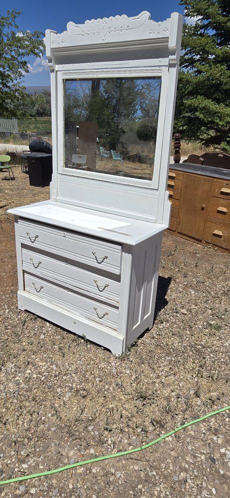 Antique White Dresser with Mirror - Vintage Wooden Vanity with Ornate Carvings & 4 Drawers