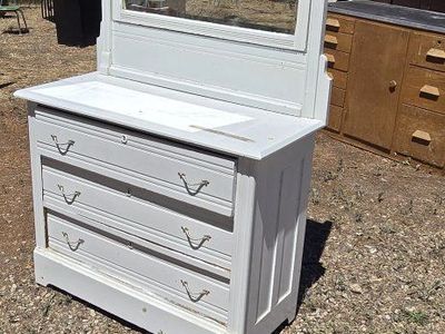 Antique White Dresser with Mirror - Vintage Wooden Vanity with Ornate Carvings & 4 Drawers