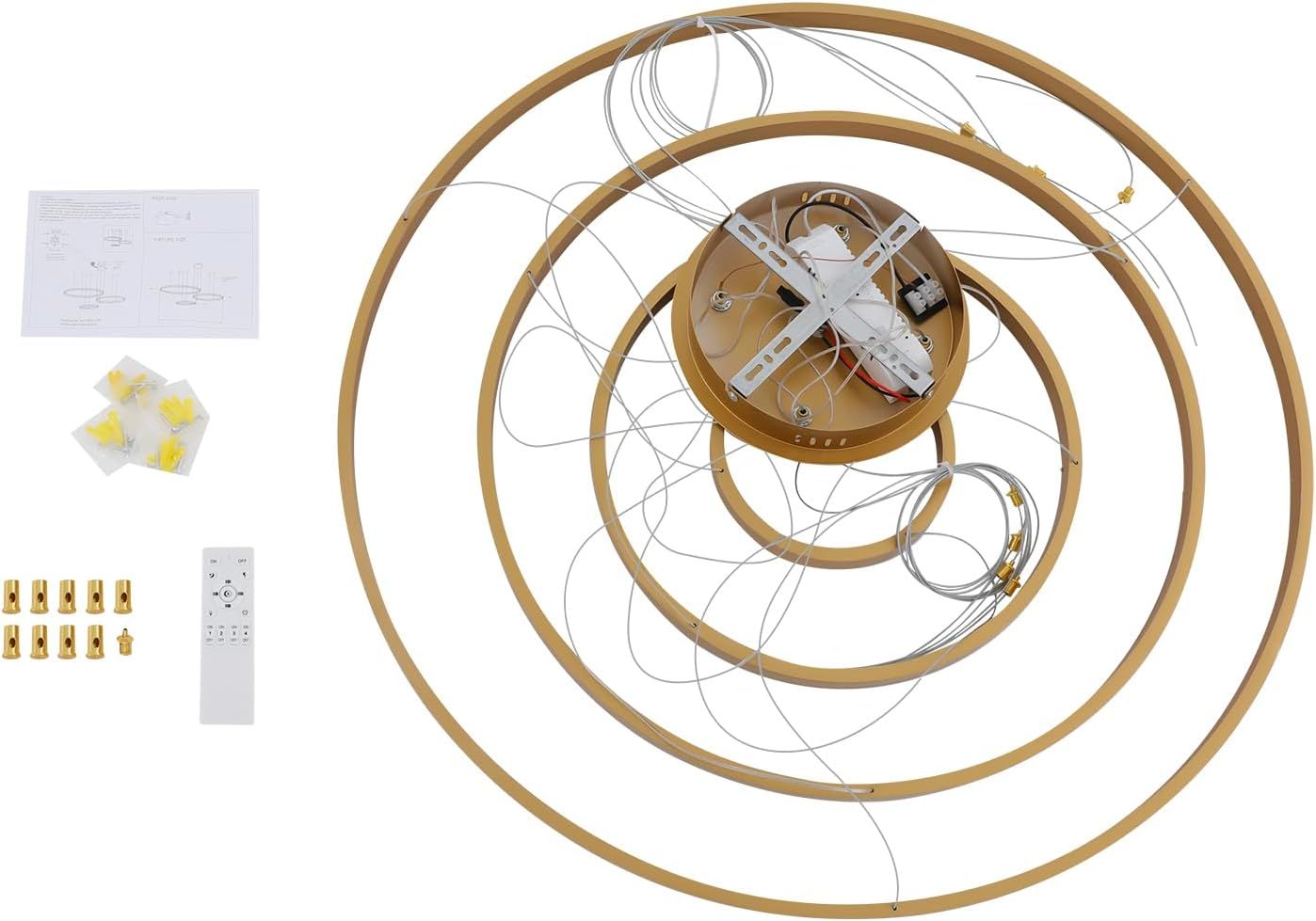 Modern 4-Ring LED Pendant Light Remote Dimmable Adjustable Gold Chandelier