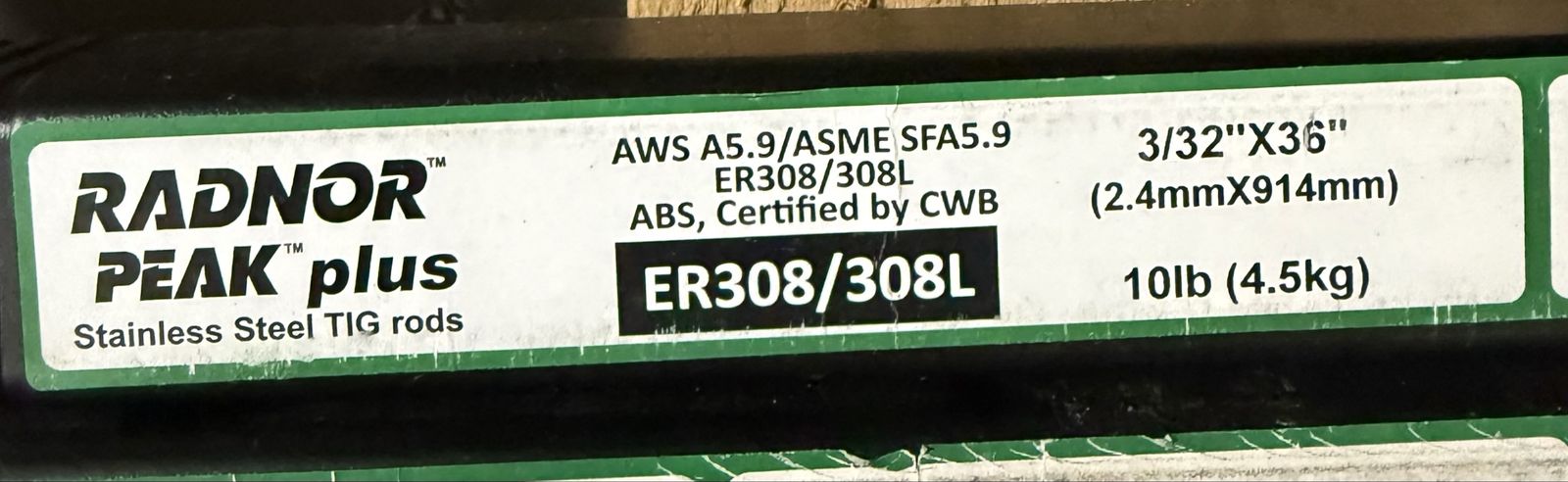 RADNOR PEAK plus ER308/308L Stainless Steel TIG Rods 3/32" 10lb (4.5kg) AWS A5.9/ASME SFA5.9
