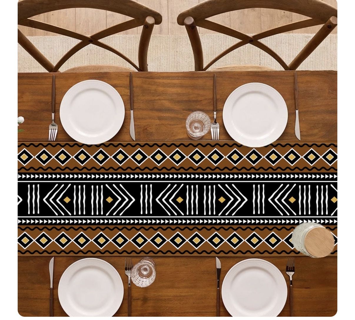 Boho Tribal Geometric Table Runner - Brown, Black, and Gold Mudcloth Pattern Decor