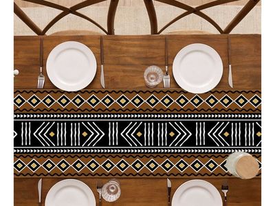 Boho Tribal Geometric Table Runner - Brown, Black, and Gold Mudcloth Pattern Decor