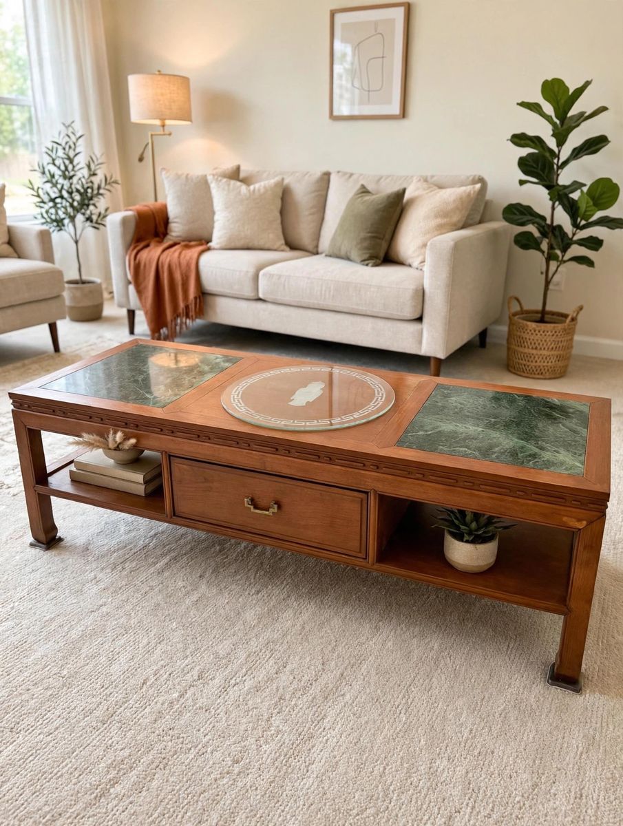 Vintage Mid-Century Modern Wood Coffee Table with Green Marble & Glass Inlays, Storage Drawer