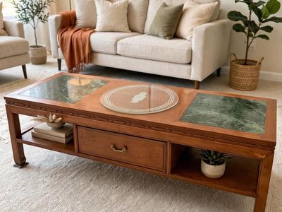 Vintage Mid-Century Modern Wood Coffee Table with Green Marble & Glass Inlays, Storage Drawer