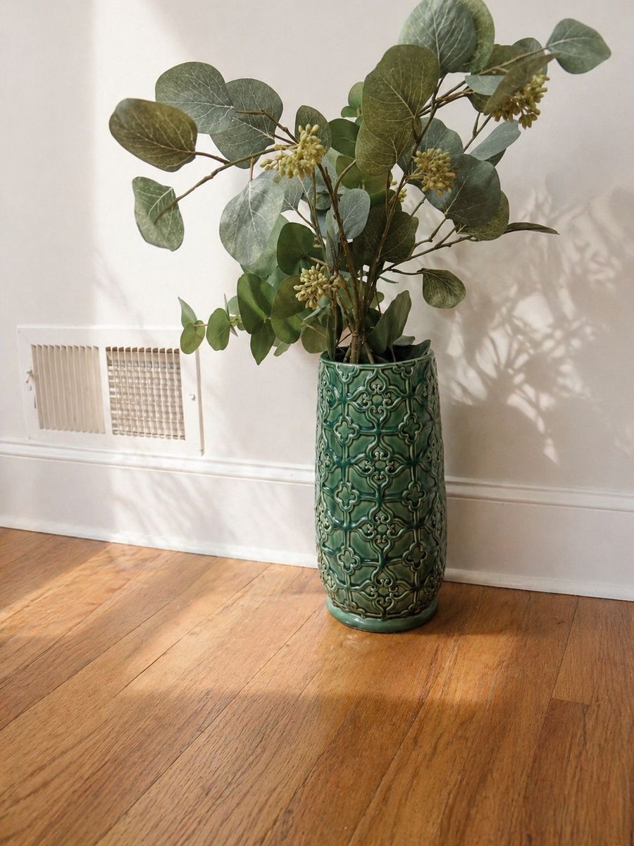 Green Pier 1 Decorative Vase w/ Eucalyptus
