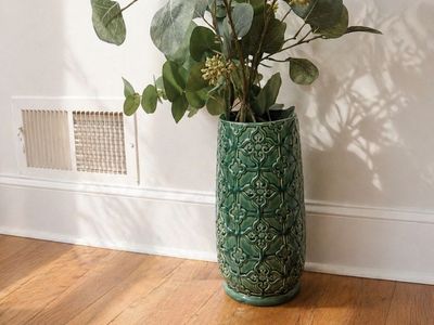 Green Pier 1 Decorative Vase w/ Eucalyptus