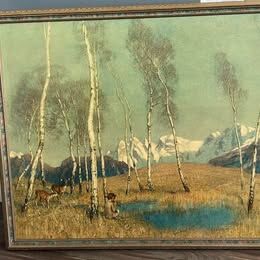 Vintage Boy Flute Mountain Scene Wood Frame