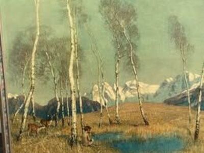 Vintage Boy Flute Mountain Scene Wood Frame