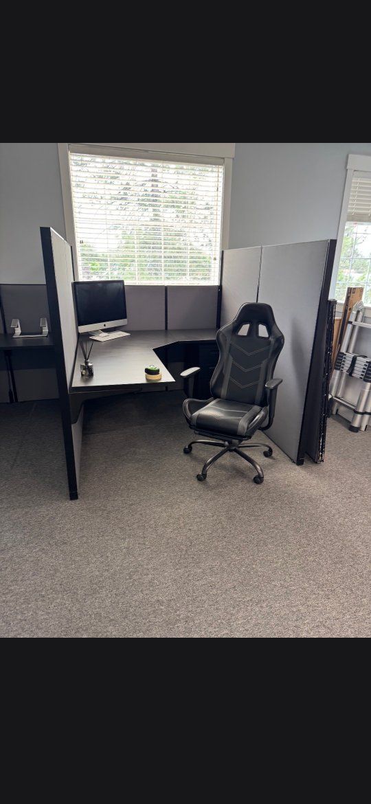 Modern Office Cubicle L-Shaped Desk with Privacy Panels - Gray/Black
