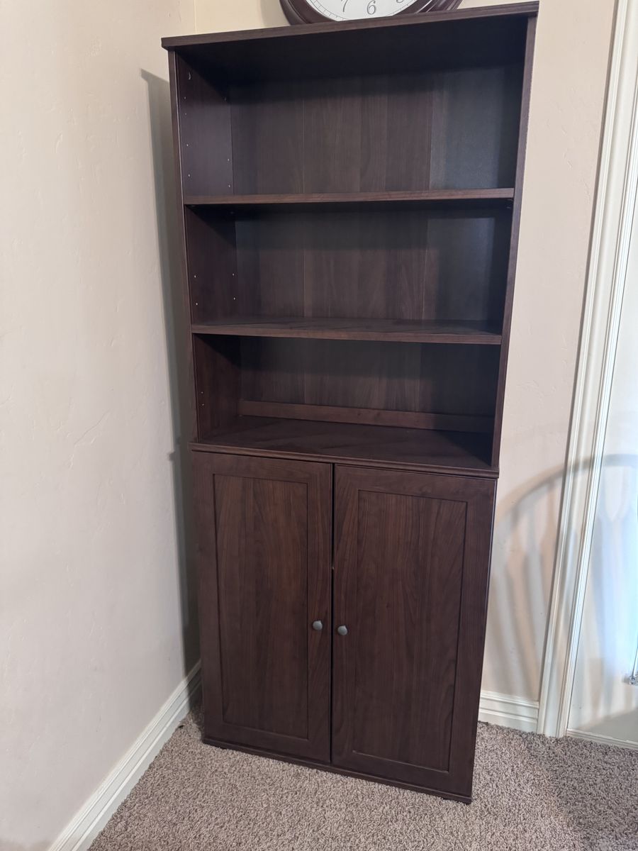 Dark Wood Tall Bookshelf with Lower Cabinet Storage