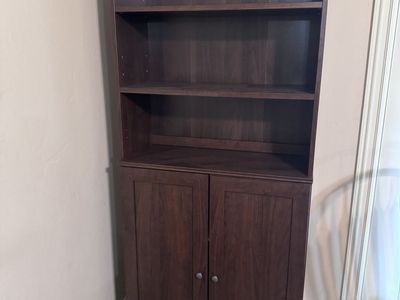 Dark Wood Tall Bookshelf with Lower Cabinet Storage