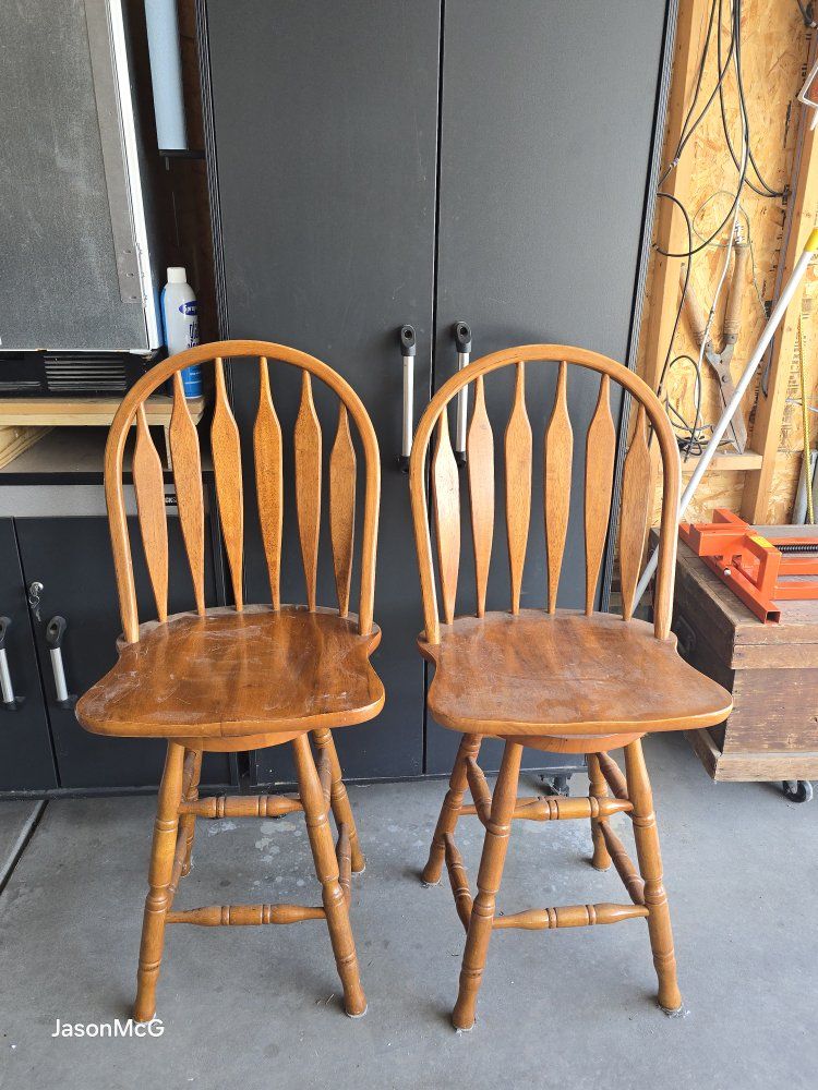 Pair of Vintage Wooden Spindle Back Bar Stools - Honey Oak Finish