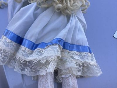 Vintage Porcelain Doll Blonde Hair Blue Dress Lace Trim White Tights limited edition numbered