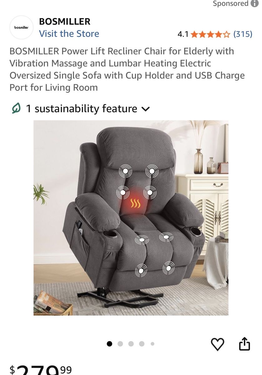 BOSMILLER A1386-2LM-T Power Lift Recliner Chair w/ Massage, Lumbar Heat, Cup Holder & USB Charge Port