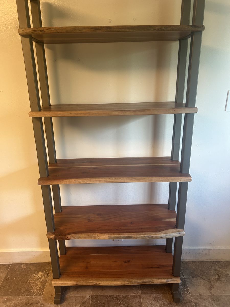 Natural wood shelves with steel support. $100