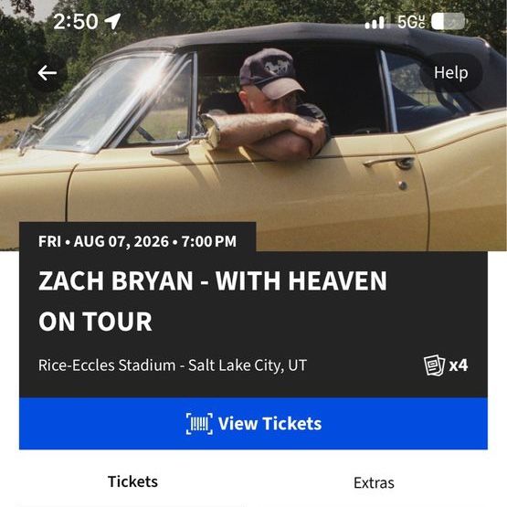 4 Zach Bryan with Heaven on tour Tickets - Section FLRGA Row GA2