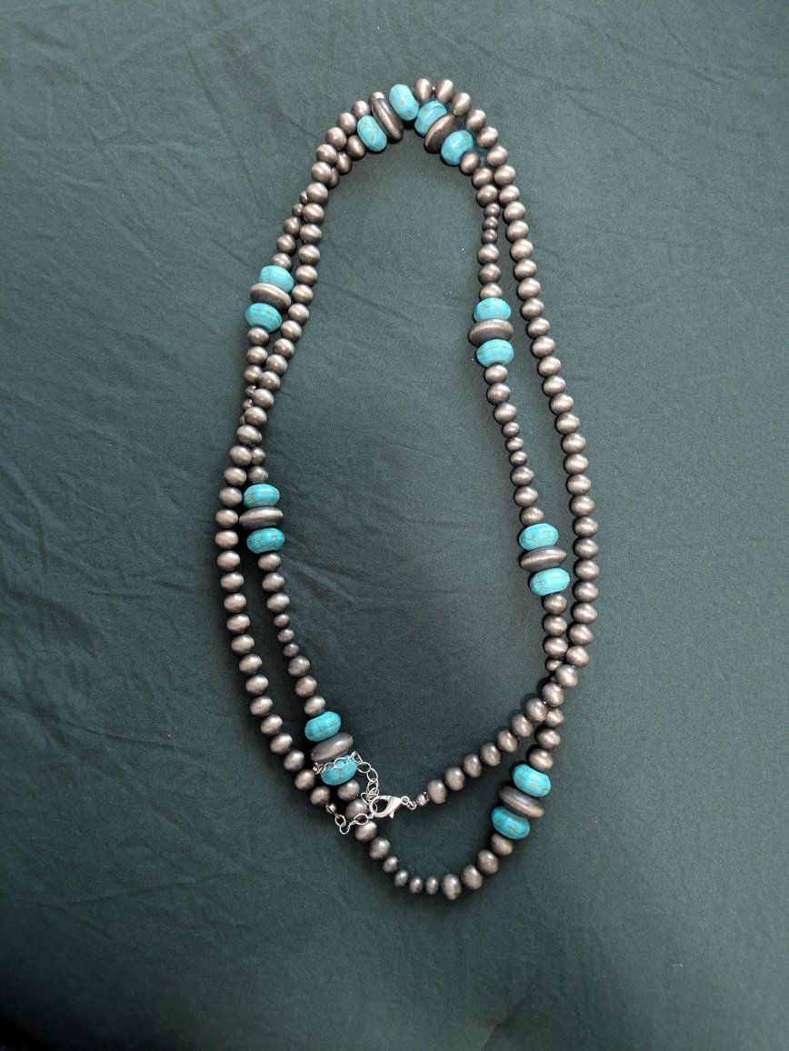 Sterling Silver & Turquoise Bead Navajo Pearl Necklace
