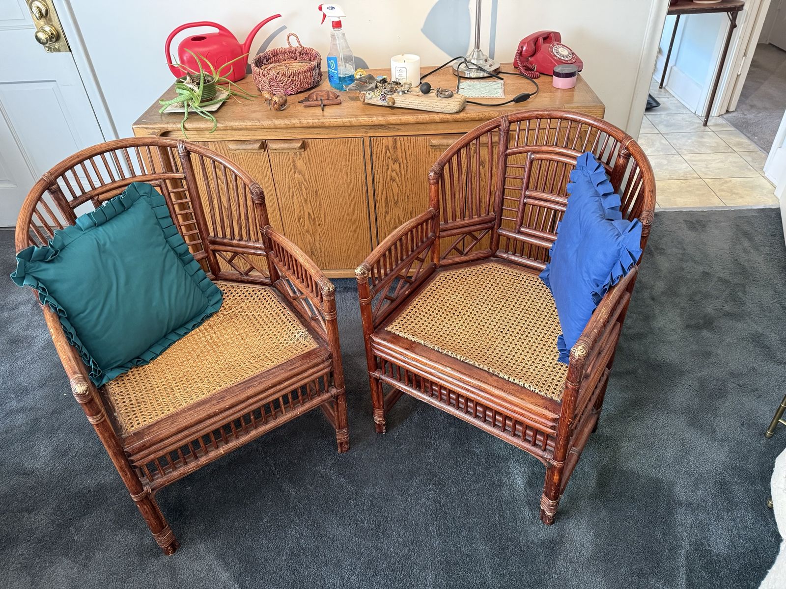 Vintage Rattan & Cane Barrel Accent Chairs - Pair
