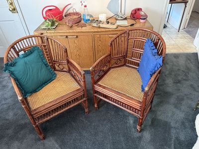 Vintage Rattan & Cane Barrel Accent Chairs - Pair
